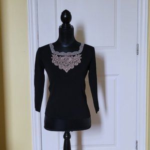 Vintage black sweater Joseph A embroidered beaded collar silver grey lacy 1980s